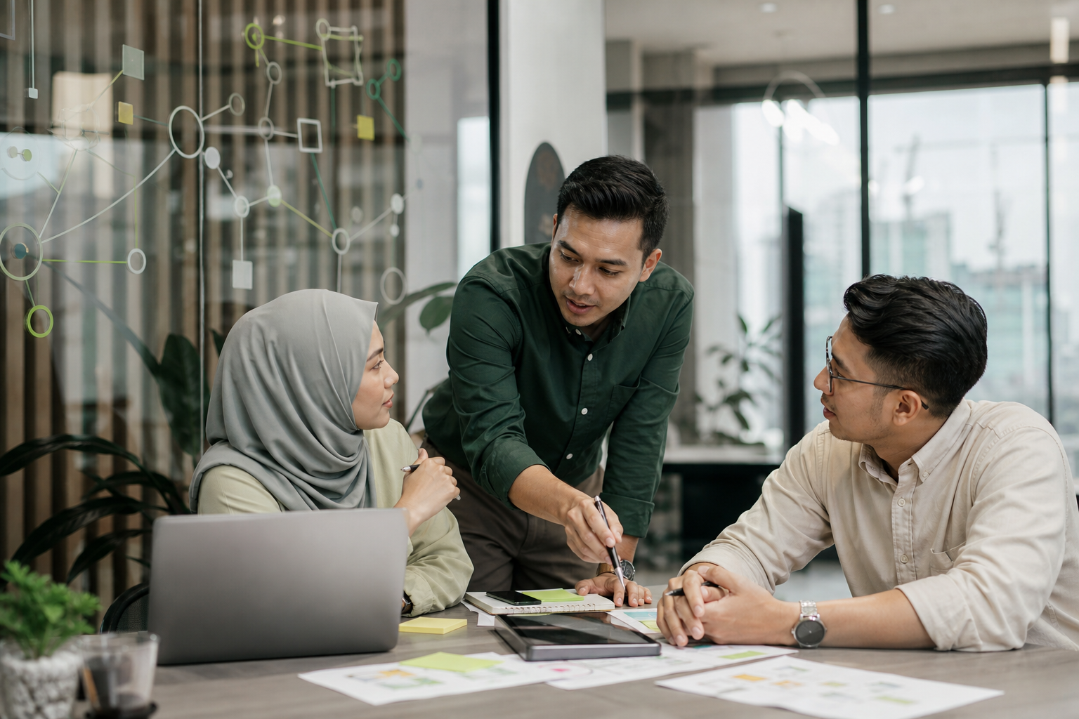 Technology and business professionals planning an integrated solution